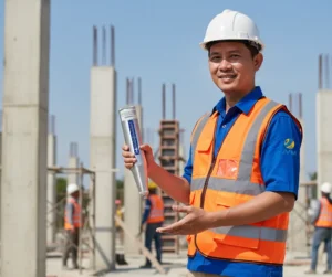 Seorang teknisi konstruksi Indonesia menggunakan concrete rebound hammer PCE-HT-225A pada kolom beton untuk mengukur kekerasan permukaan beton di area proyek bangunan.