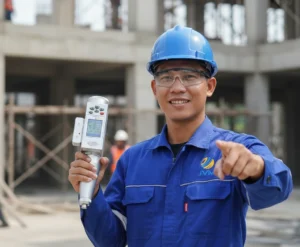 Seorang teknisi konstruksi Indonesia menggunakan alat digital rebound hammer pada permukaan dinding beton untuk melakukan pengujian kekuatan struktur secara non-destruktif di lokasi proyek bangunan.