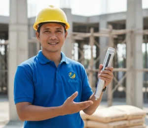 Seorang teknisi konstruksi Indonesia menggunakan concrete hardness tester rebound hammer untuk menguji kekuatan beton pada permukaan lantai proyek bangunan.