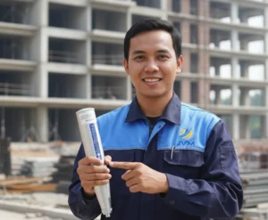 Teknisi konstruksi Indonesia menggunakan concrete hardness tester PCE-HT-75 untuk melakukan pengujian kekerasan beton pada kolom struktur bangunan di lokasi proyek.