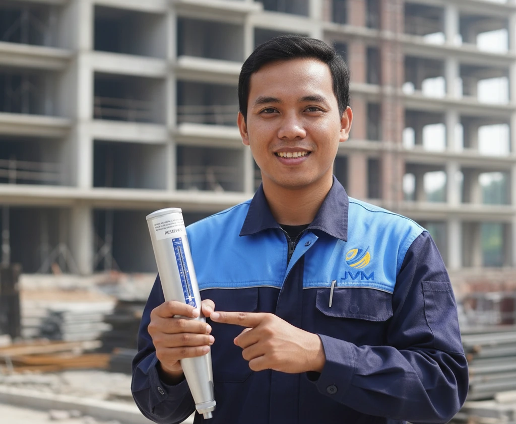Teknisi konstruksi Indonesia menggunakan concrete hardness tester PCE-HT-75 untuk melakukan pengujian kekerasan beton pada kolom struktur bangunan di lokasi proyek.