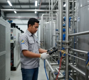 Teknisi Indonesia menggunakan manifold digital PCE HVAC 10 untuk mengukur tekanan dan temperatur sistem pendingin di instalasi industri
