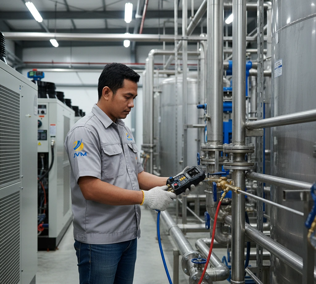 Teknisi Indonesia menggunakan manifold digital PCE HVAC 10 untuk mengukur tekanan dan temperatur sistem pendingin di instalasi industri