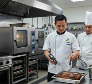 Seorang teknisi quality control Indonesia menggunakan termometer makanan infrared PCE-IR 90 untuk mengukur suhu daging di dapur industri restoran menggunakan probe dan sensor infrared.