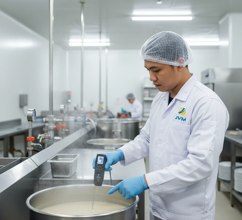Seorang pekerja industri makanan Indonesia menggunakan thermometer inframerah dengan probe untuk mengukur suhu makanan di dapur produksi.