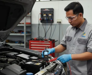 Teknisi listrik Indonesia menguji aki kendaraan operasional menggunakan battery tester PCE-IRM 10 dengan kelvin clamps terpasang pada terminal baterai di area workshop proyek.