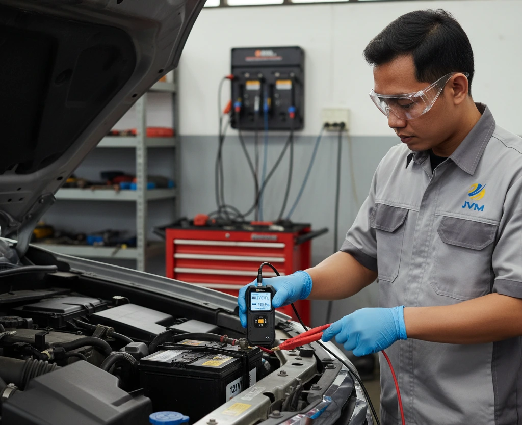 Teknisi listrik Indonesia menguji aki kendaraan operasional menggunakan battery tester PCE-IRM 10 dengan kelvin clamps terpasang pada terminal baterai di area workshop proyek.