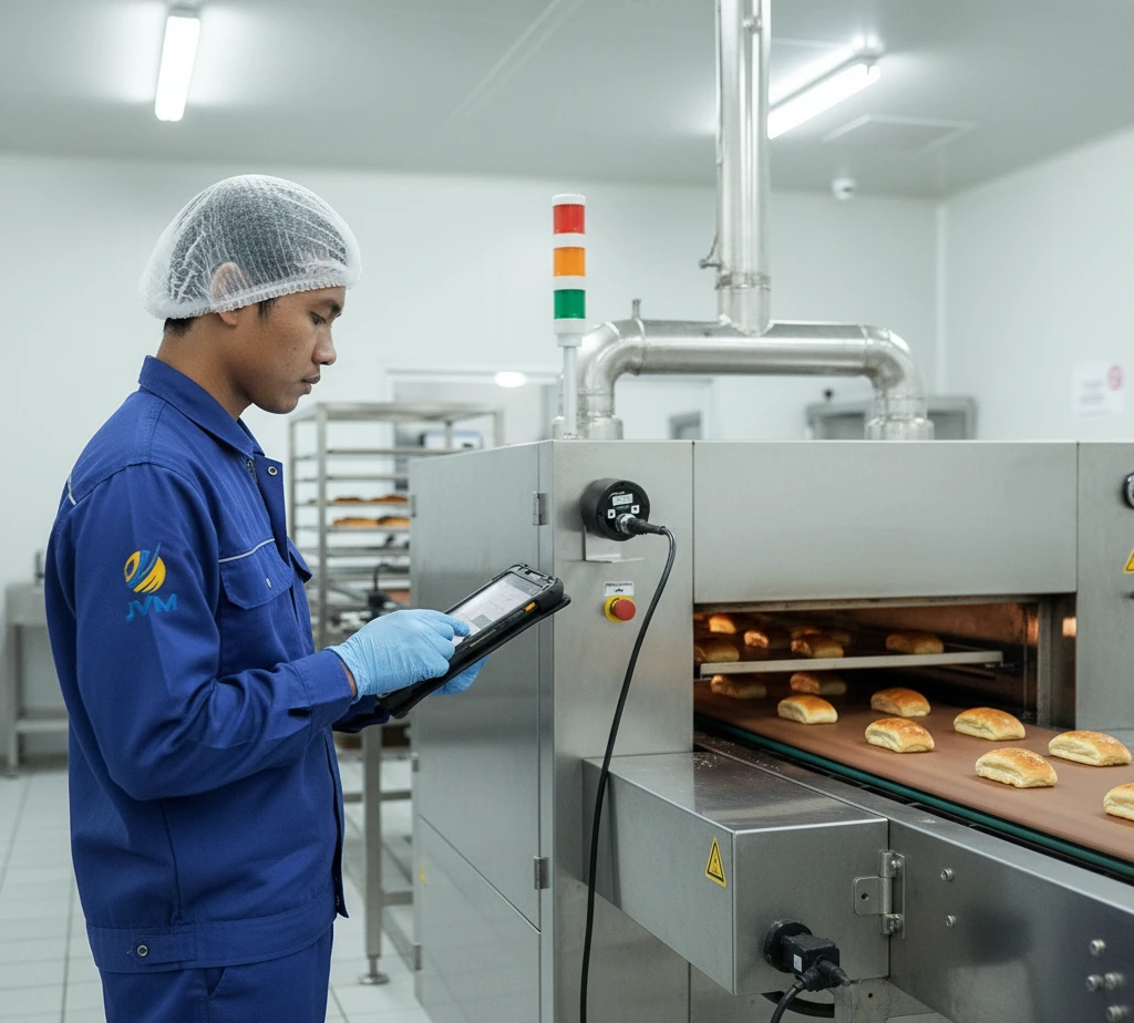 Teknisi Indonesia memantau suhu mesin produksi makanan menggunakan infrared thermometer PCE-IRT 10 yang terpasang permanen pada sistem conveyor oven di lingkungan pabrik higienis.