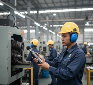 Teknisi Indonesia menggunakan sound level meter di area pabrik untuk mengukur kebisingan mesin