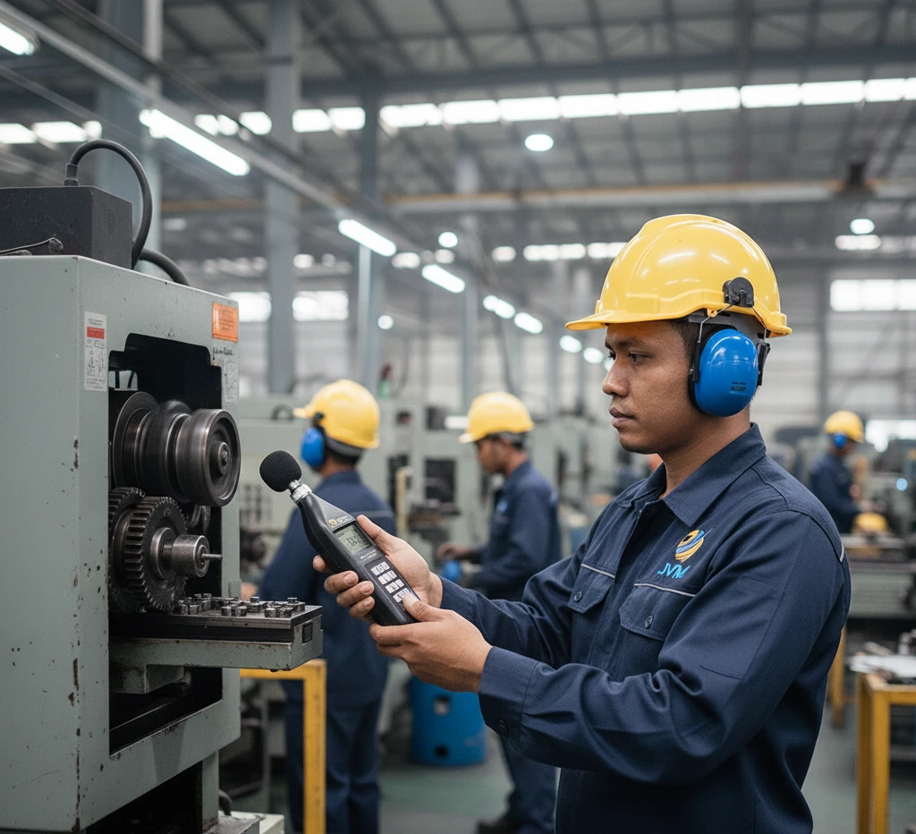 Teknisi Indonesia menggunakan sound level meter di area pabrik untuk mengukur kebisingan mesin