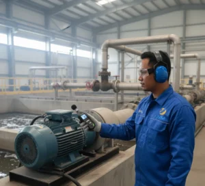 Teknisi Indonesia menggunakan sound level meter portabel untuk mengukur kebisingan mesin di instalasi industri