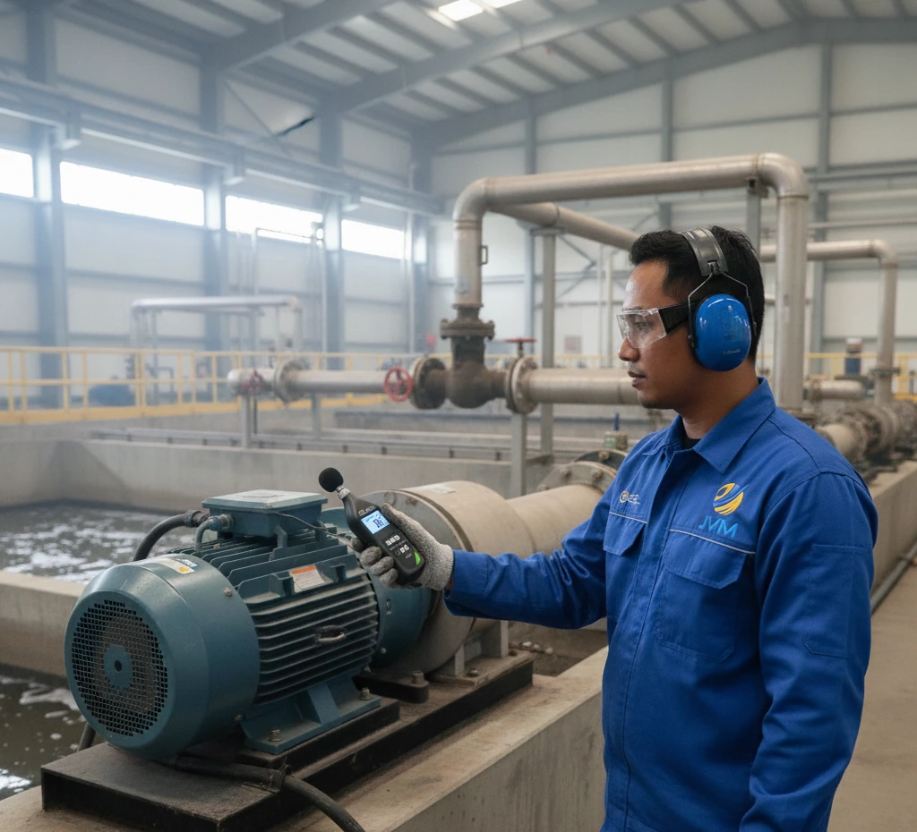 Teknisi Indonesia menggunakan sound level meter portabel untuk mengukur kebisingan mesin di instalasi industri