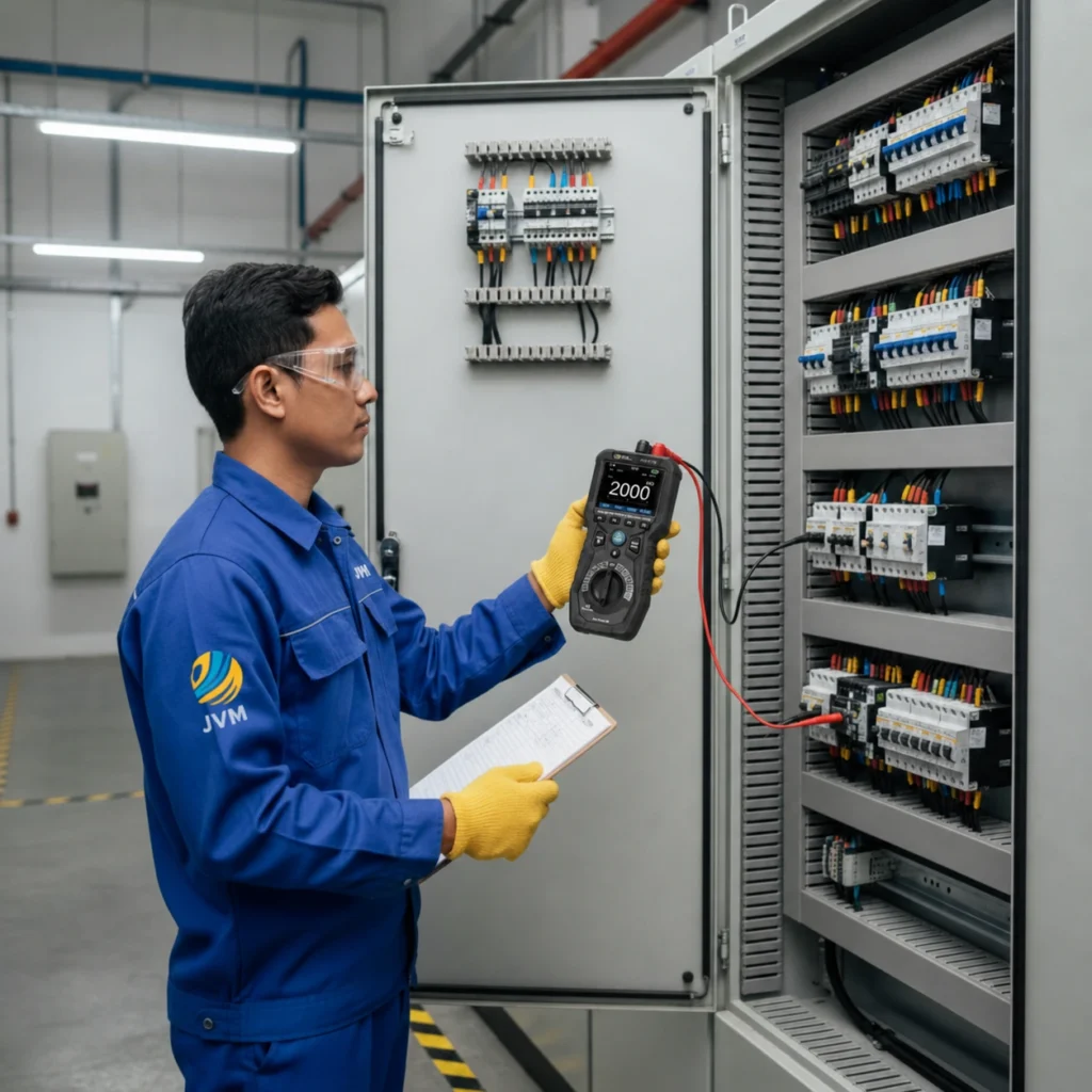 Teknisi listrik Indonesia memegang Electrical Tester PCE-IT 110-ICA untuk pengujian resistansi isolasi pada panel listrik industri.