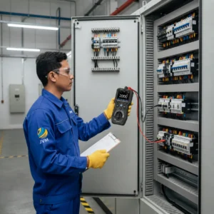 Teknisi listrik Indonesia memegang Electrical Tester PCE-IT 110-ICA untuk pengujian resistansi isolasi pada panel listrik industri.