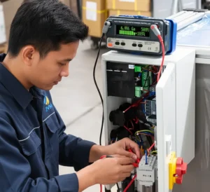 Teknisi Indonesia sedang menggunakan electrical tester digital untuk memeriksa instalasi listrik pada panel kontrol mesin industri.