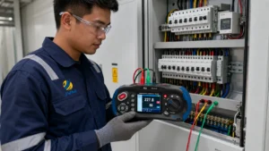 Teknisi listrik Indonesia memegang Earth Tester PCE-ITE 50 untuk inspeksi instalasi listrik di depan panel distribusi.
