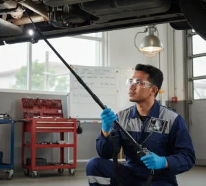 Foto teknisi Indonesia menggunakan videoscope teleskopik PCE-IVE 320 untuk inspeksi bawah kendaraan; monitor menampilkan area underbody yang diterangi LED.