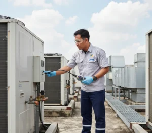 Teknisi engineering hotel Indonesia menggunakan detektor kebocoran refrigeran PCE-LD 1 untuk memeriksa sambungan pipa AC di area servis.