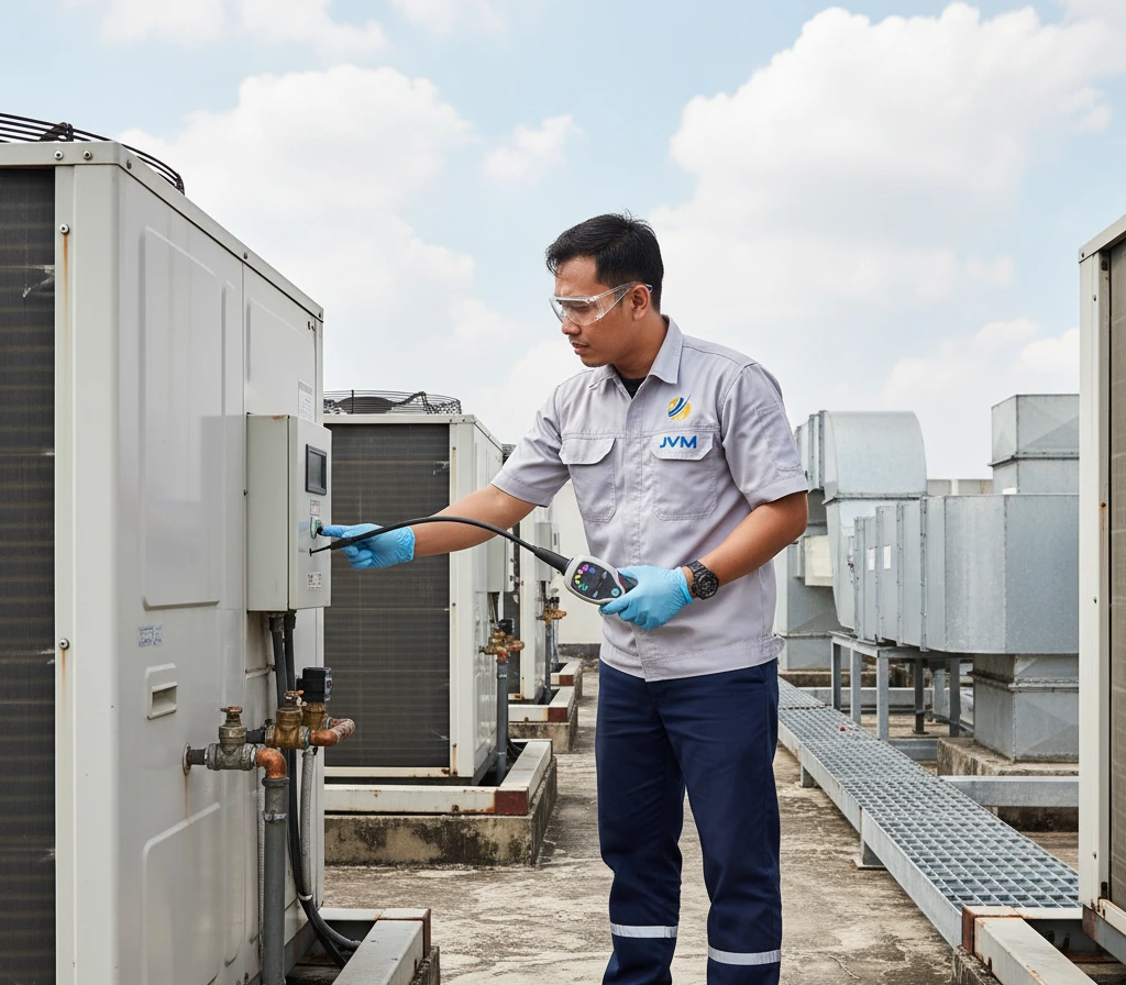 Teknisi engineering hotel Indonesia menggunakan detektor kebocoran refrigeran PCE-LD 1 untuk memeriksa sambungan pipa AC di area servis.