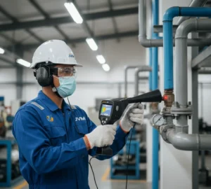 Teknisi Indonesia menggunakan alat deteksi kebocoran gas ultrasonik PCE-LDC 15 pada sistem pipa industri dengan headphone dan laser pointer