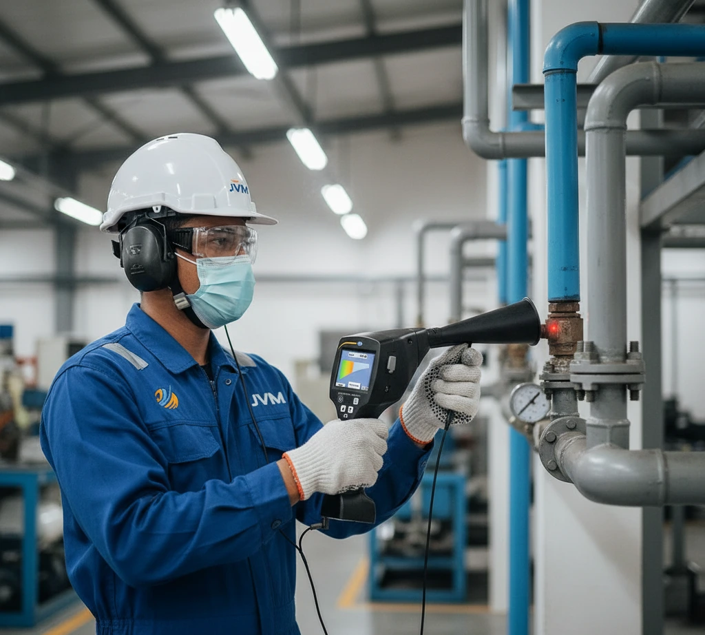 Teknisi Indonesia menggunakan alat deteksi kebocoran gas ultrasonik PCE-LDC 15 pada sistem pipa industri dengan headphone dan laser pointer