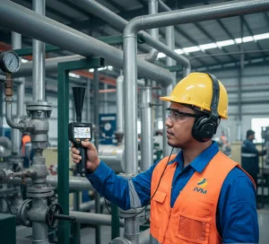 Teknisi Indonesia menggunakan alat deteksi kebocoran gas ultrasonik PCE-LDC 20 pada sistem pipa industri