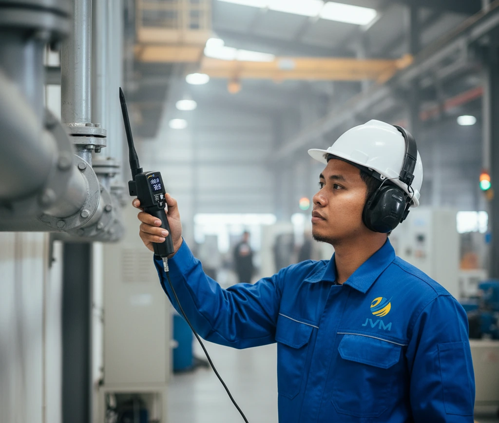 Teknisi Indonesia menggunakan alat deteksi kebocoran gas ultrasonik pada pipa industri dengan headphone dan perangkat portabel
