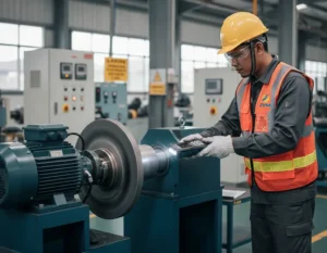 Foto memperlihatkan teknisi Indonesia memakai APD lengkap sedang memeriksa mesin berputar di area pabrik menggunakan stroboscope genggam PCE-LES 103-ICA.