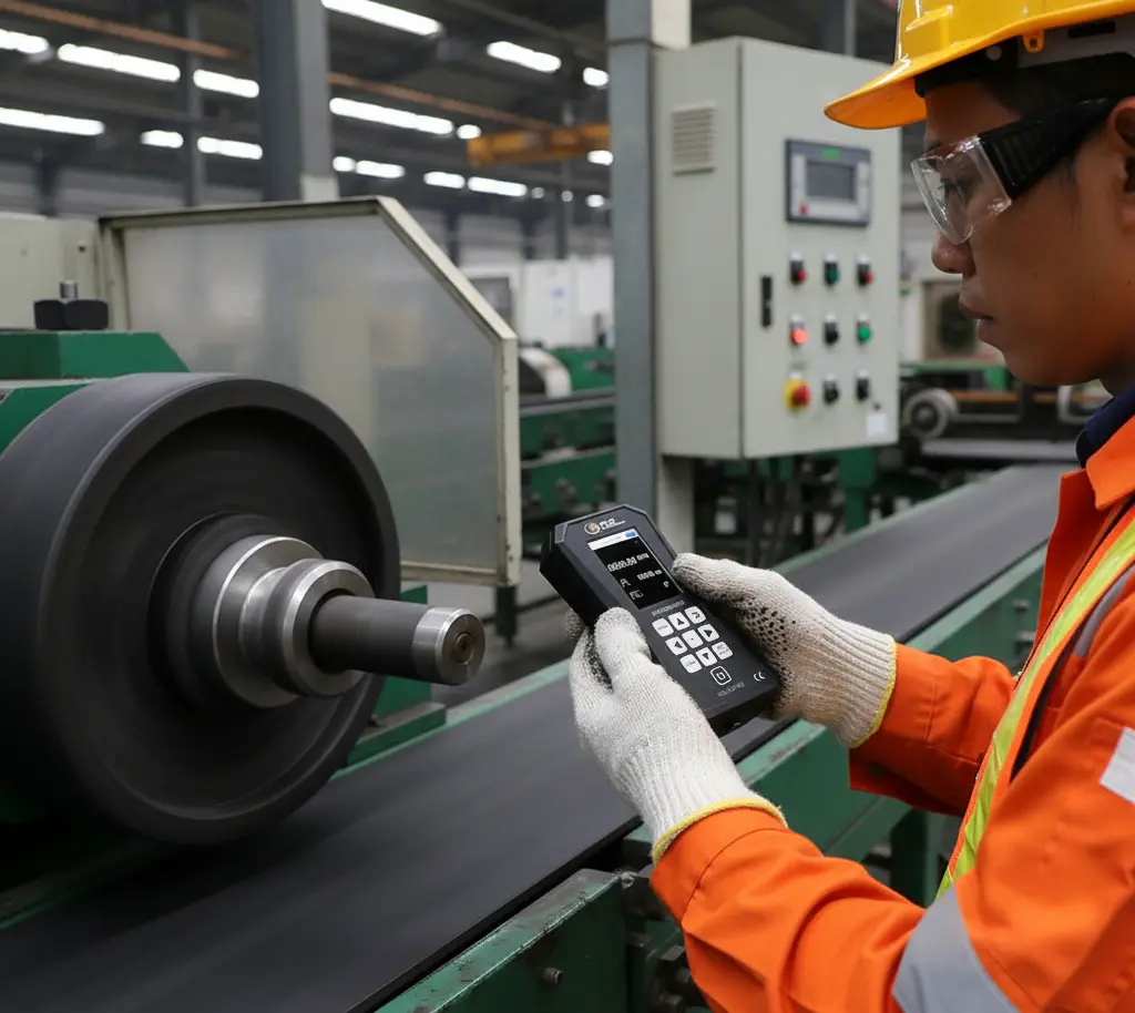 Seorang teknisi Indonesia di lantai produksi memegang stroboscope handheld PCE-LES 103 dan mengarahkannya ke pulley-belt mesin berputar; kilatan LED membuat pulley tampak diam sehingga detail putaran mudah diamati, sementara layar alat menampilkan nilai frekuensi dalam Hz/FPM.