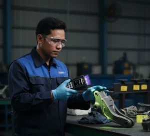 Teknisi QC Indonesia menggunakan stroboscope UV PCE-LES 103UV-365-CTA-KIT untuk memeriksa indikasi retak mikro pada komponen otomotif yang dilas di workshop industri dengan permukaan yang telah diberi agen deteksi retak 2-komponen.