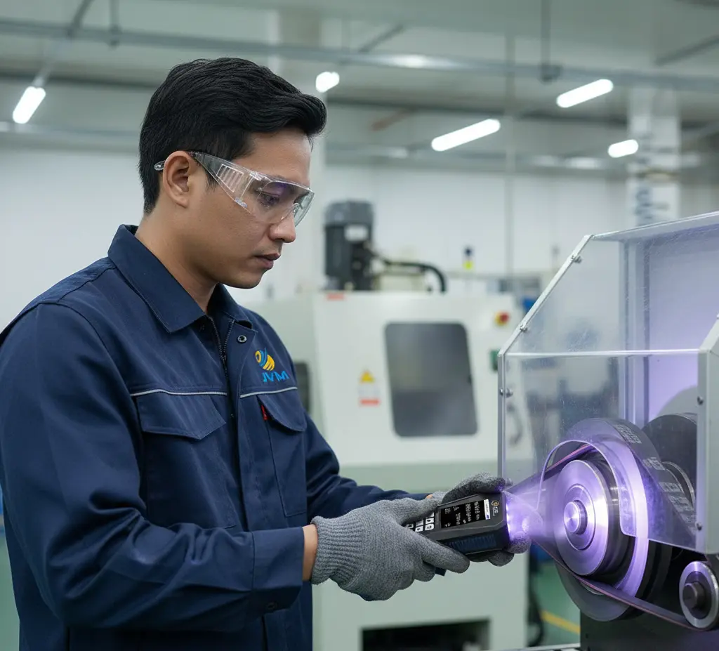 Foto menampilkan teknisi QC Indonesia di workshop otomotif menggunakan stroboscope UV PCE-LES 103UV-365 untuk membekukan tampilan pulley dan belt pada test bench. Perangkat genggam dengan layar TFT menyala diarahkan ke komponen berputar, sementara teknisi mengenakan APD lengkap dan bekerja di area mesin dengan pelindung transparan.