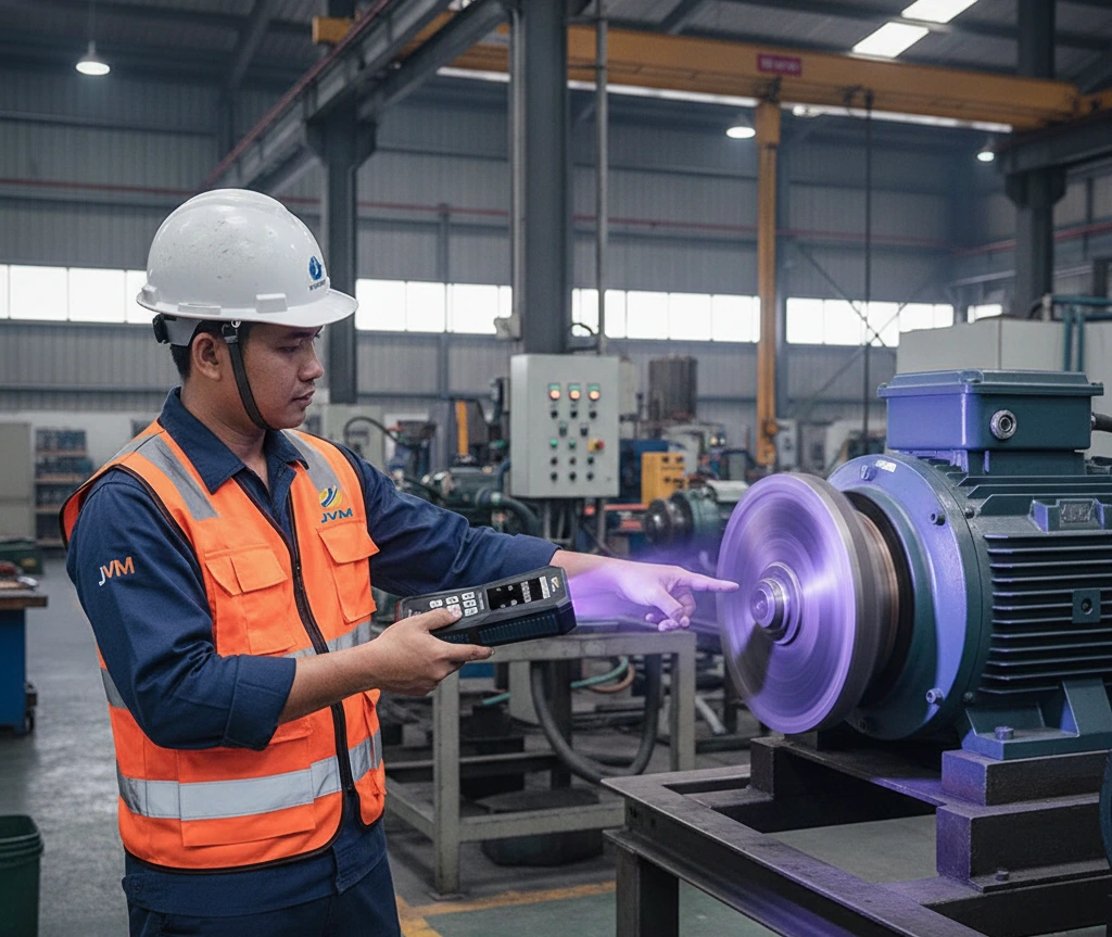Teknisi Indonesia menggunakan stroboscope UV portabel untuk inspeksi motor listrik industri yang sedang beroperasi.