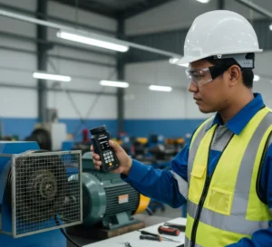 Teknisi maintenance Indonesia menggunakan stroboscope PCE-LES 108 untuk membekukan gerakan pulley dan belt mesin berputar saat inspeksi non-kontak di workshop industri.