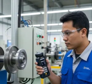 Seorang teknisi Indonesia menggunakan stroboscope portabel PCE-LES 108-ICA untuk membekukan tampilan putaran pulley pada test bench otomotif di area produksi yang terang