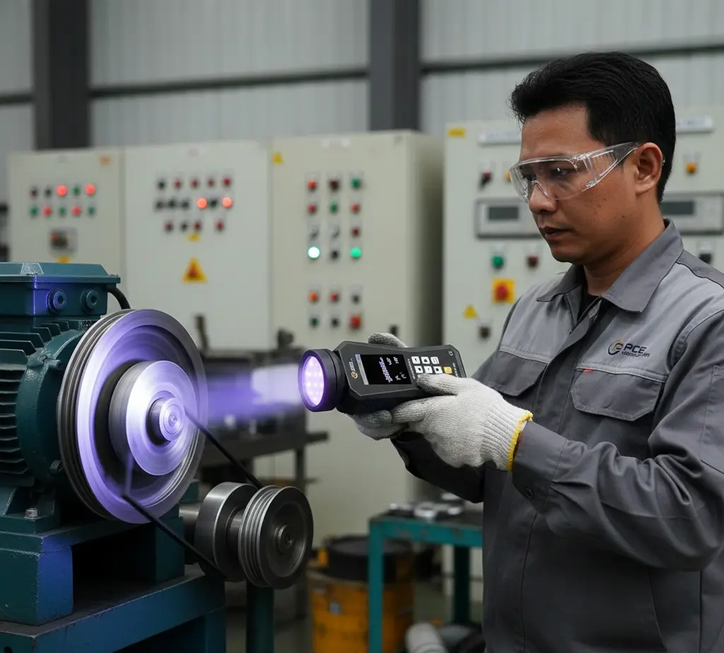 Seorang teknisi Indonesia di workshop industri menggunakan UV stroboscope portabel PCE-LES 108UV-365-ICA untuk membekukan tampilan pulley dan belt yang berputar pada motor listrik, dengan layar alat menyala dan APD lengkap.