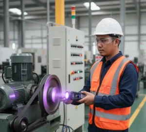 Teknisi Indonesia menggunakan UV stroboscope PCE-LES 108UV-385-ICA untuk membekukan gerakan pulley dan belt mesin berputar di area pabrik otomotif dengan APD lengkap.