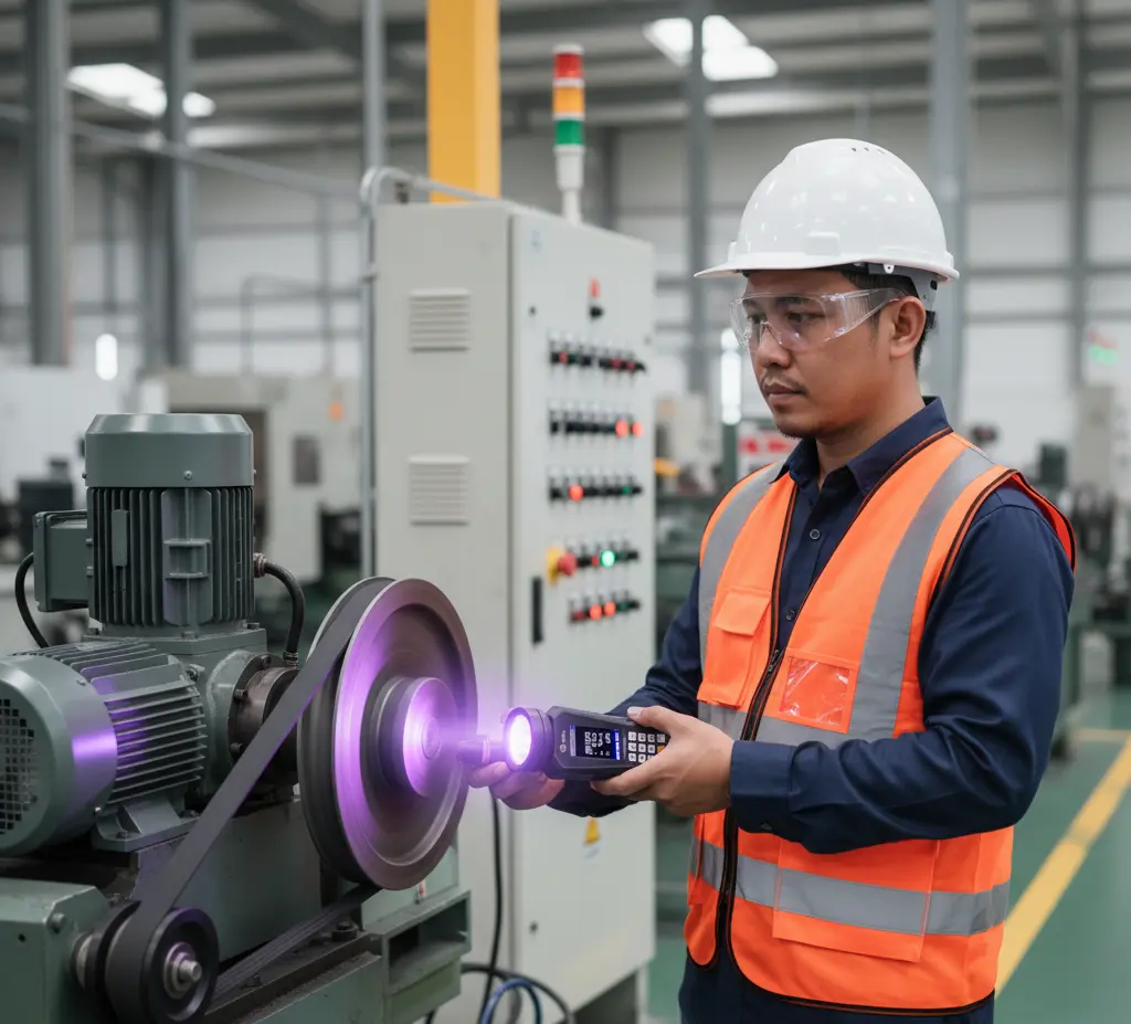 Teknisi Indonesia menggunakan UV stroboscope PCE-LES 108UV-385-ICA untuk membekukan gerakan pulley dan belt mesin berputar di area pabrik otomotif dengan APD lengkap.