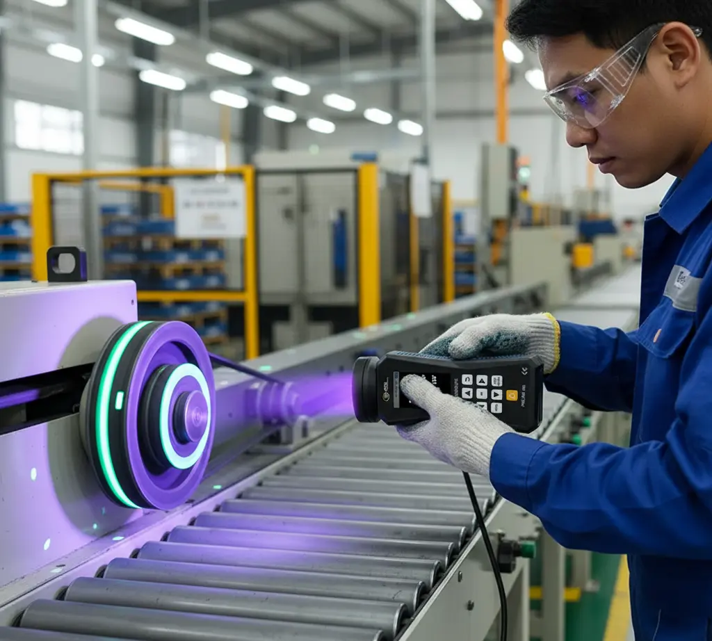 Foto teknisi Indonesia di area produksi otomotif menggunakan UV stroboscope PCE-LES 108UV-385 untuk membekukan tampilan pulley-belt yang berputar, dengan marking fluoresen terlihat menyala di bawah cahaya UV.