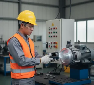 Seorang teknisi Indonesia menggunakan stroboskop portabel PCE-LES 303 untuk mengamati pulley berputar pada test bench otomotif di lingkungan workshop industri.