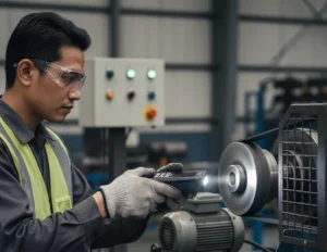 Teknisi maintenance Indonesia memegang stroboscope PCE-LES 303-ICA untuk menginspeksi pulley dan belt mesin berputar di area workshop industri dengan APD lengkap.