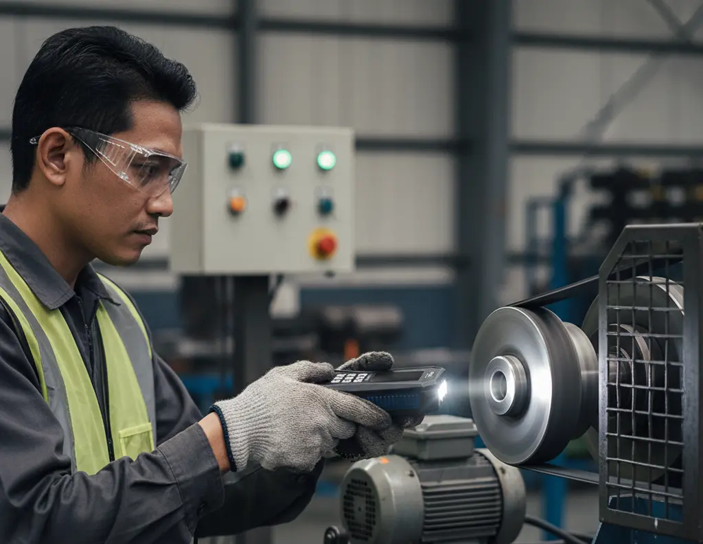Teknisi maintenance Indonesia memegang stroboscope PCE-LES 303-ICA untuk menginspeksi pulley dan belt mesin berputar di area workshop industri dengan APD lengkap.