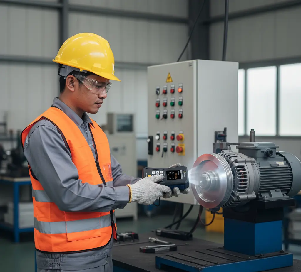 Seorang teknisi Indonesia menggunakan stroboskop portabel PCE-LES 303 untuk mengamati pulley berputar pada test bench otomotif di lingkungan workshop industri.