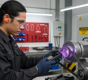 Foto menampilkan teknisi Indonesia di workshop otomotif industri sedang mengarahkan UV stroboscope PCE-LES 303UV-365 ke pulley dan belt mesin yang berputar untuk membuat gerakan tampak diam (freeze motion) sekaligus membantu observasi indikasi fluoresen pada area inspeksi