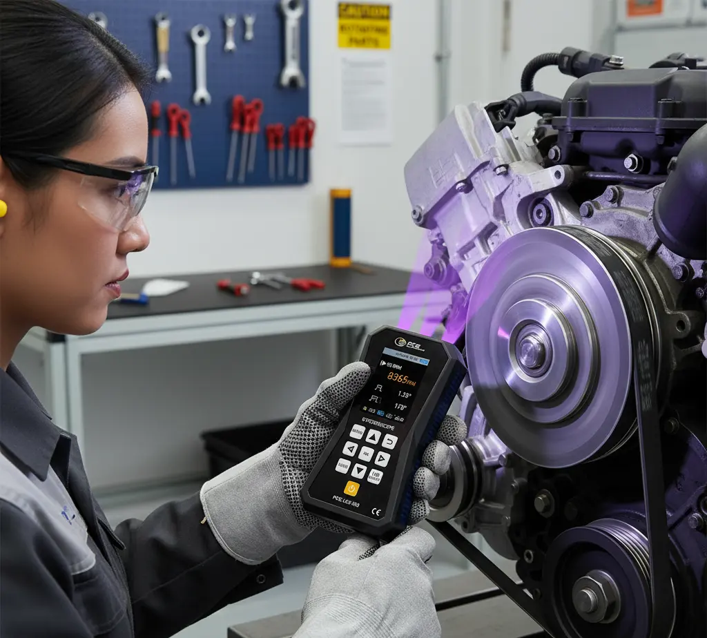 Foto teknisi Indonesia memakai kacamata pelindung UV menggunakan UV stroboscope PCE-LES 303UV-365-ICA untuk memeriksa coupling dan belt pada mesin berputar di area pabrik.