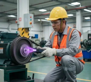 Teknisi Indonesia menggunakan UV stroboscope PCE-LES 303UV-385 untuk inspeksi pulley dan belt pada mesin berputar yang sedang beroperasi di area pabrik dengan APD lengkap.