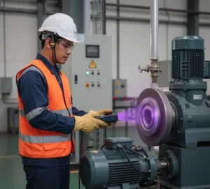 Teknisi maintenance Indonesia menggunakan stroboskop UV portabel PCE-LES 303UV-385-ICA untuk memeriksa kopling dan putaran mesin tanpa menghentikan operasi di area pabrik.