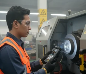 Foto teknisi Indonesia menggunakan stroboscope PCE-LES 308 untuk membekukan gerak pulley dan belt pada rig uji otomotif di workshop maintenance, dengan APD lengkap dan latar area industri.