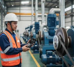 Gambar menampilkan teknisi maintenance Indonesia di area pabrik yang mengarahkan stroboskop portabel PCE-LES 308-ICA ke pulley dan belt mesin yang sedang berjalan, sehingga komponen tampak diam untuk memudahkan inspeksi non-kontak