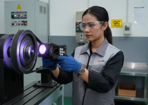 Teknisi Indonesia menggunakan UV stroboscope PCE-LES 308UV-365 untuk membekukan gerak pulley dan belt pada test bench otomotif di area quality control.