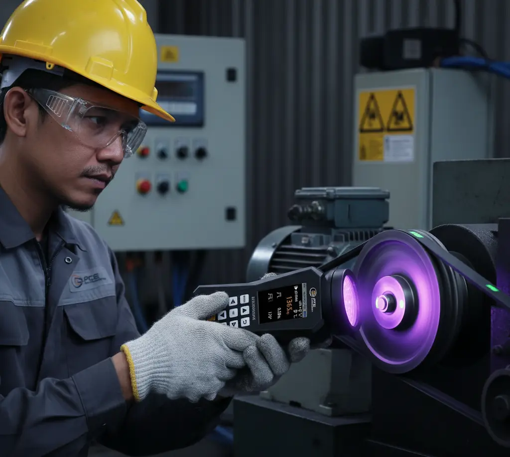 Teknisi Indonesia menggunakan UV stroboscope PCE-LES 308UV-365-ICA untuk membekukan tampilan pulley dan belt mesin berputar di workshop industri dengan pencahayaan redup.